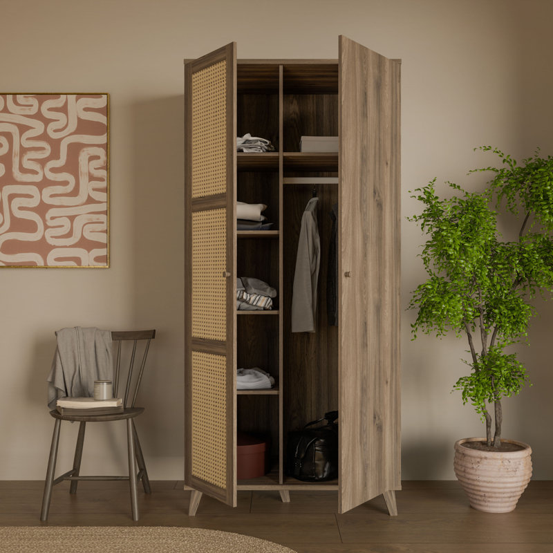 Payette Boho style wardrobe with 2 doors, clothing rail and shelving, engineered wood, warm oak decor / natural rattan, 94.8 cm W x 199.2 cm H x 56 cm D