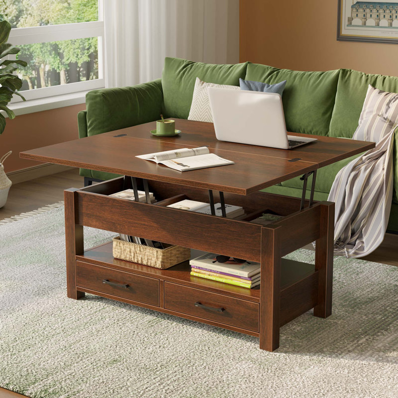 Table basse à plateau relevable, bureau moderne en bois avec rangement caché, H 18,6 po x L 39,4 po x l 39,4 po, Espresso