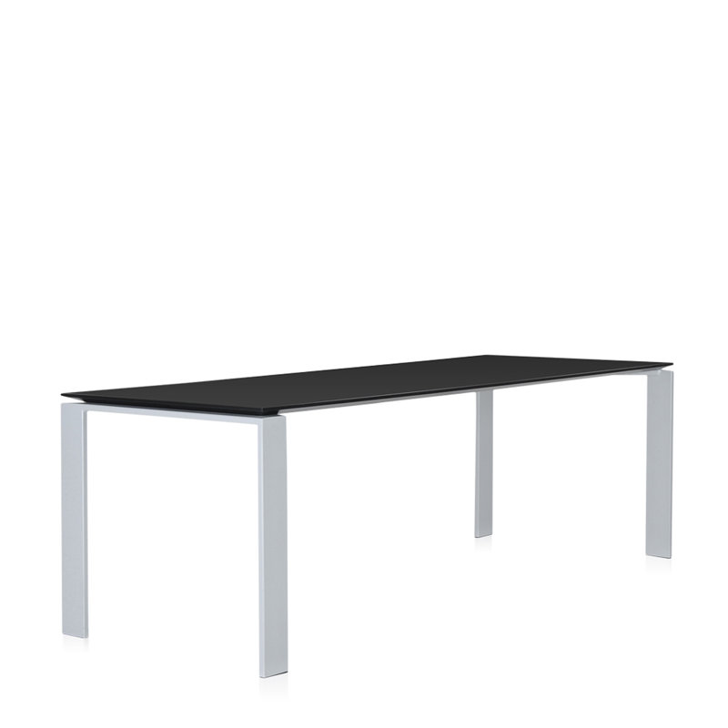 Four Metal Base Dining Table, 28" H x 88" W x 31" D, Black Top/Aluminum Base