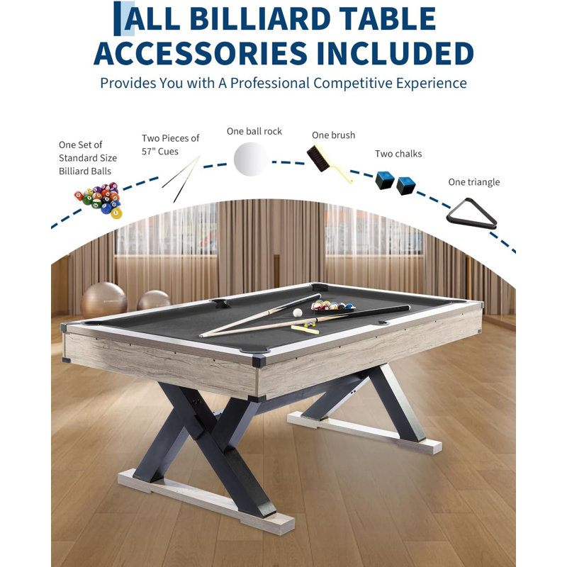Table de billard avec structure de support en métal, pieds en forme de X, 84 po, comprend des baguettes et des accessoires, utilisation dans une salle de jeu moderne