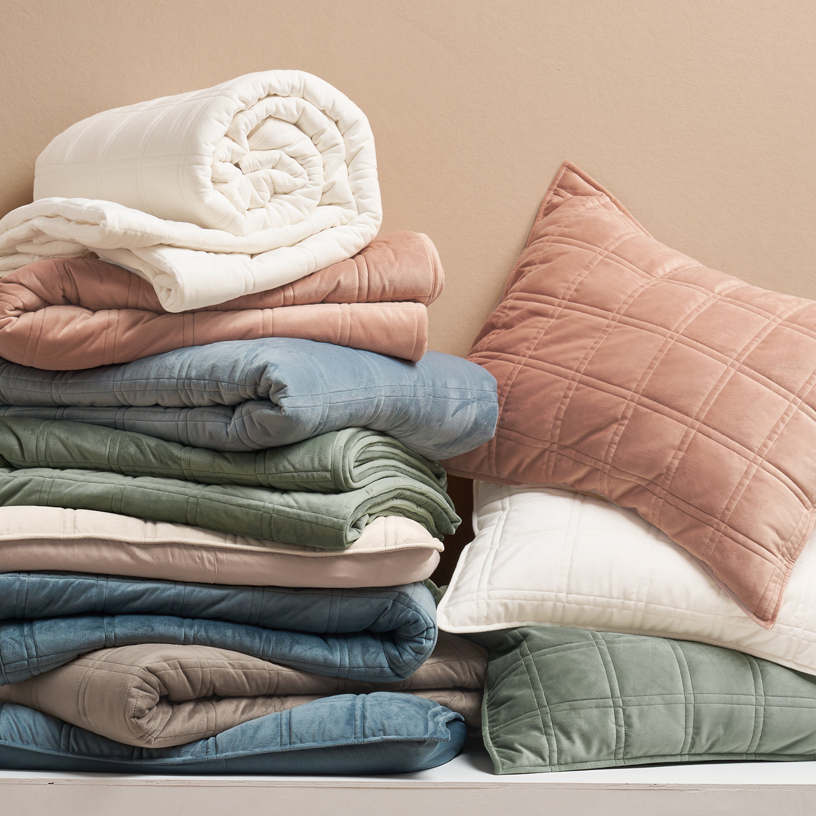 Velvet Quilt Set, King Quilt + 2 King Shams, Cream White