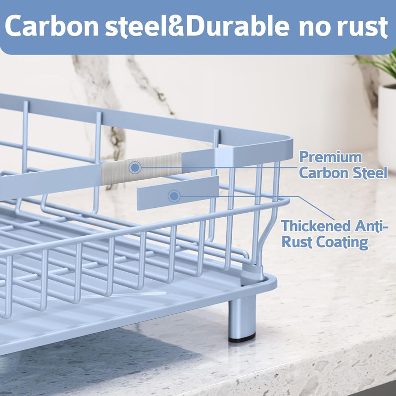 Dish Drying Rack for Kitchen Counter,Blue Space Saving Dish Rack, Self-Draining Drainboard, Rustproof Dish Drainer, Removable Utensil Holder