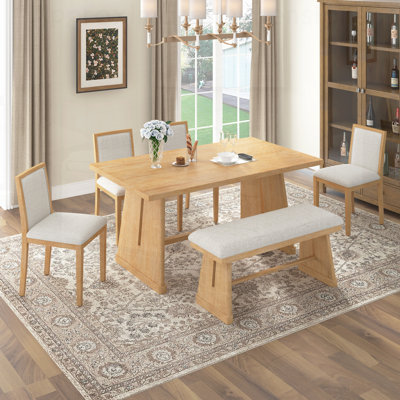 6-Piece Rustic Farmhouse Dining Table Set with Wire Brushed Design, Rectangular Table, 4 Upholstered Linen Chairs & Padded Bench for Comfortable Seating and Elegant Style