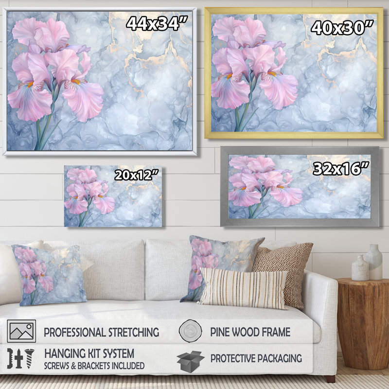 Pink Glowing Symphony Of Iris III - Irises Canvas Print, 24" H x 32" W, Floater Framed Print, Brown