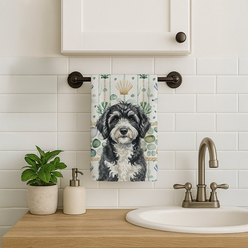 Portuguese Water Dog Coastal Sea Glass Kitchen Towel, Portuguese Water Dog