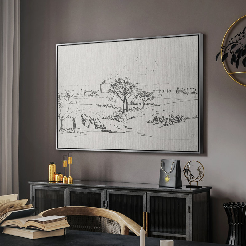 Croquis rétro -XV, Toile argentée avec cadre flottant, H 17 po x l 25 po