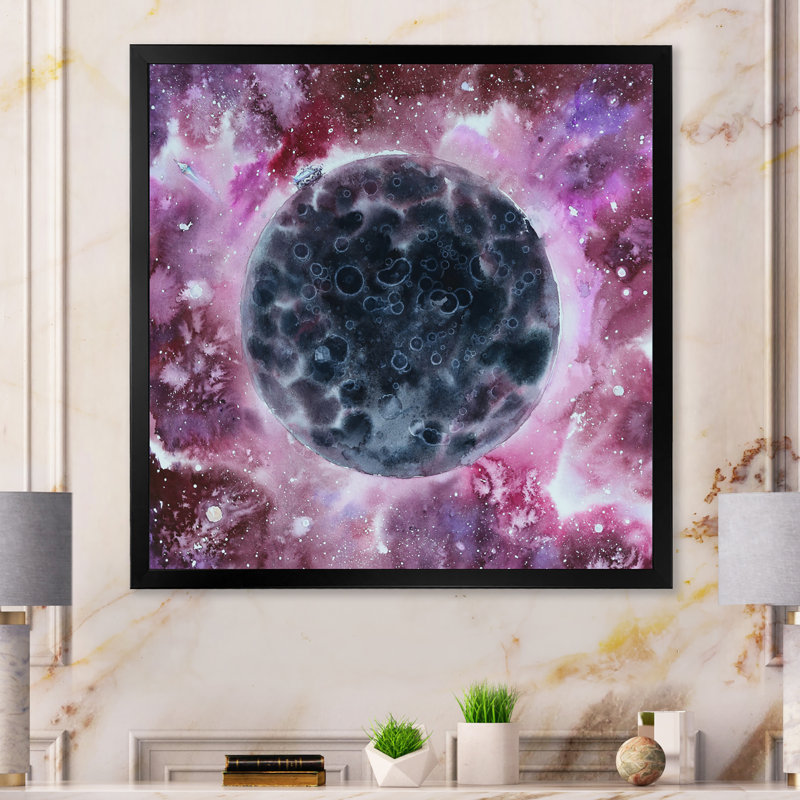 Black And Purple Moon - Modern Print, 36" H x 36" W x 1.5" D, Black Picture Framed Canvas
