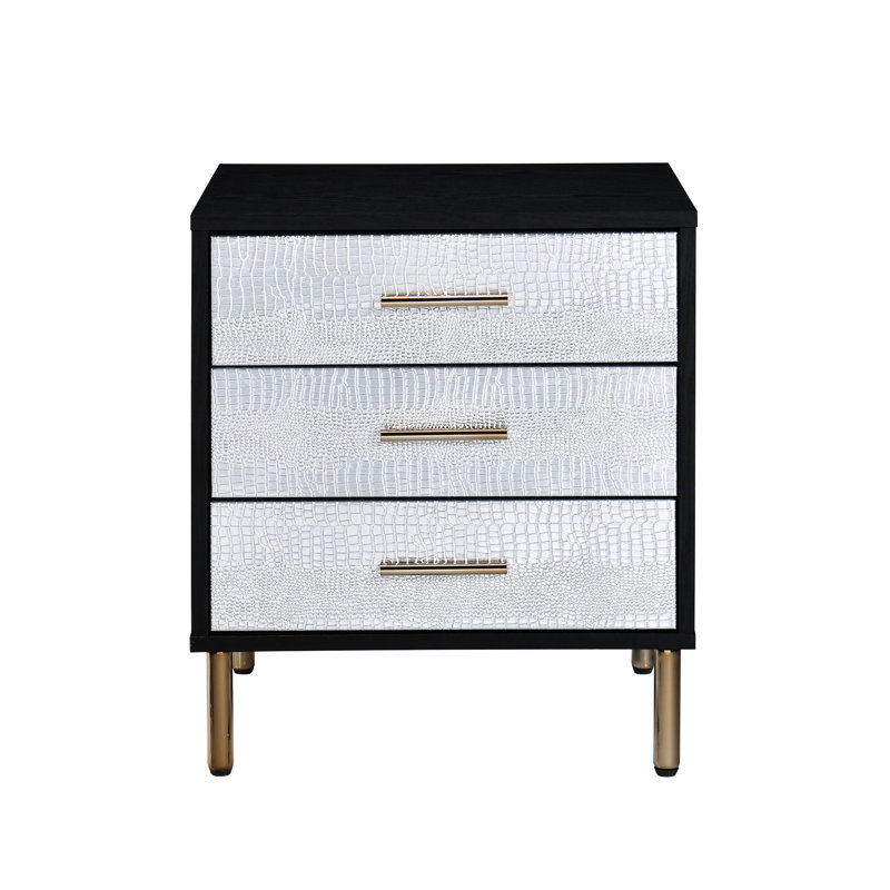 Table de chevet en noir, argent et or avec 3 rangements spacieux et des finitions colorées