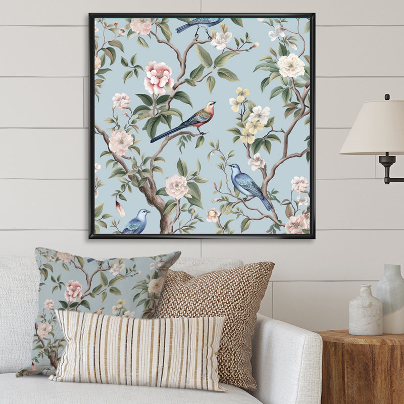 Chinoiserie, oiseaux et pivoines sur toile, Cadre flottant noir, 30" H x 30" W