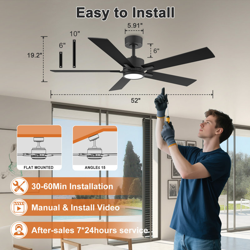 Ventilateur de plafond moderne à 5 pales de 52 po avec lumières DEL et télécommande, moteur à courant continu réversible à 6 vitesses, 3 lumières de couleur, minuterie, pales en bois à double face