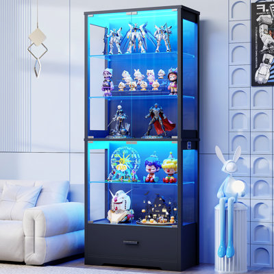  71" Tall 5-Tier Display Cabinet with Glass Doors and Storage Drawer | Curio Cabinet with LED Lights & Human Body Sensor, Adjustable Shelves, Display Cases for Collectibles for Living Room, Black