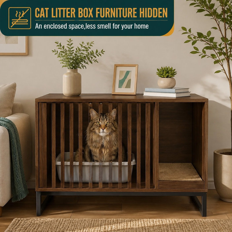 Intégrez discrètement un espace toilette pour chat dans votre pièce grâce à ce meuble moderne en noyer abritant un bac à litière, qui combine un griffoir et une fonction meuble pouvant servir de table d'appoint ou de banc d'entrée pour le salon.