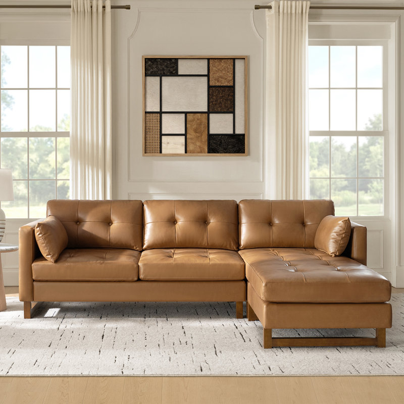 Amando 101"W Mid-Century L-Shape Genuine Leather Reversible Modular Sectional Sofa, Camel Genuine Leather