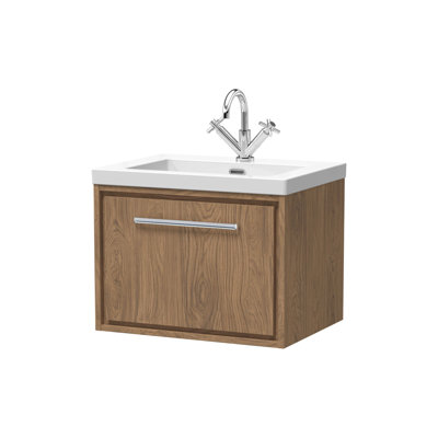 Hudson Reed Lille 800mm Antique Oak 1 Drawer  Wall Hung Vanity Unit With 1 Tap Hole Fireclay Basin