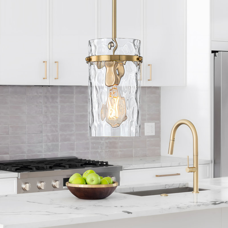 Cylon 1 - Light 5.5'' Hammered Glass Cylinder Pendant for Kitchen Island, Brass