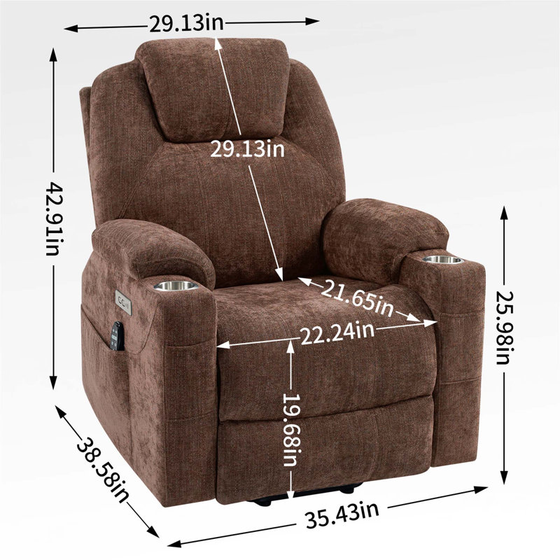 Up To 350 LBS Chenille Power Lift Recliner Chair, Heavy Duty Motion Mechanism With 8-Point Vibration Massage And Lumbar Heating, USB And Type-C Ports, Stainless Steel Cup Holders