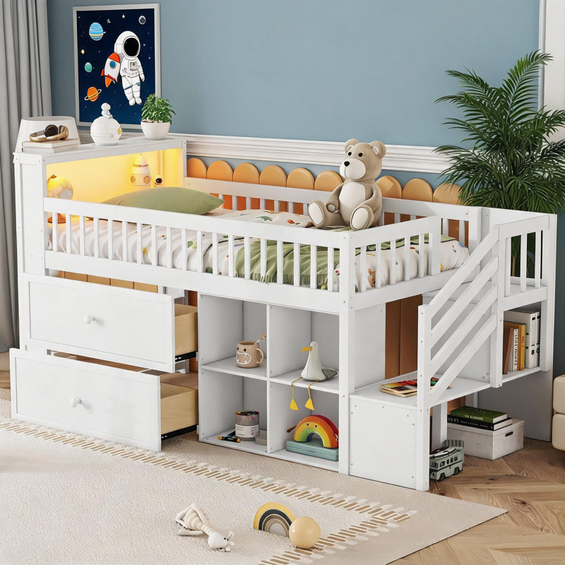 Lit mezzanine simple pour lit d'enfant avec lumières DEL et tablettes de rangement intégrées