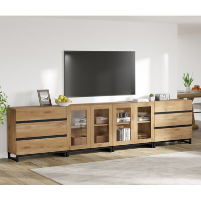 Meuble télé 4 en 1 pour téléviseur de 120 po ou moins, console de télévision avec portes en verre et 6 tiroirs, centre de divertissement avec tablette réglable pour le salon et la chambre à coucher