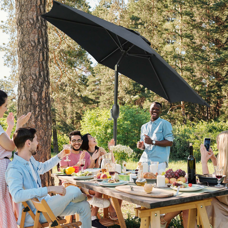 Parasol de 7,5 pi x 7,5 pi avec manivelle et bouton-poussoir inclinable, parasol de marché pour table d'extérieur avec mât en aluminium