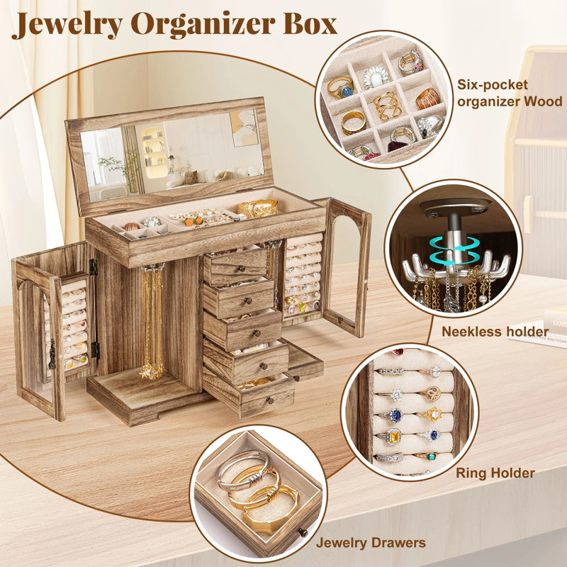 Jewelry Box, Wooden Jewelry Organizer Box With Mirror, Brown