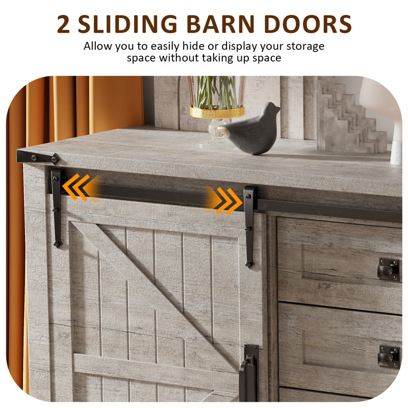 60'' Farmhouse Dresser Chests with 4 Drawers and 2 Cabinets, Light-Color