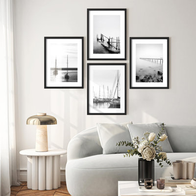Framed Wall Art Print Gallery Set, Grayscale Beach Pier Landscapes Wilderness Modern Decorative Multicolor for Living Room, Bedroom, Office