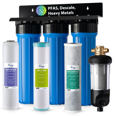 iSpring Whole House Water Filter System WGB32B-PFKDS+WSP50J – Removes up to 99% PFOA/PFOS with SGS-tested media, Reduces sediments, scale, lead, chlorine, taste, odor & corrosion. Includes jumbo spin-down pre-filter.