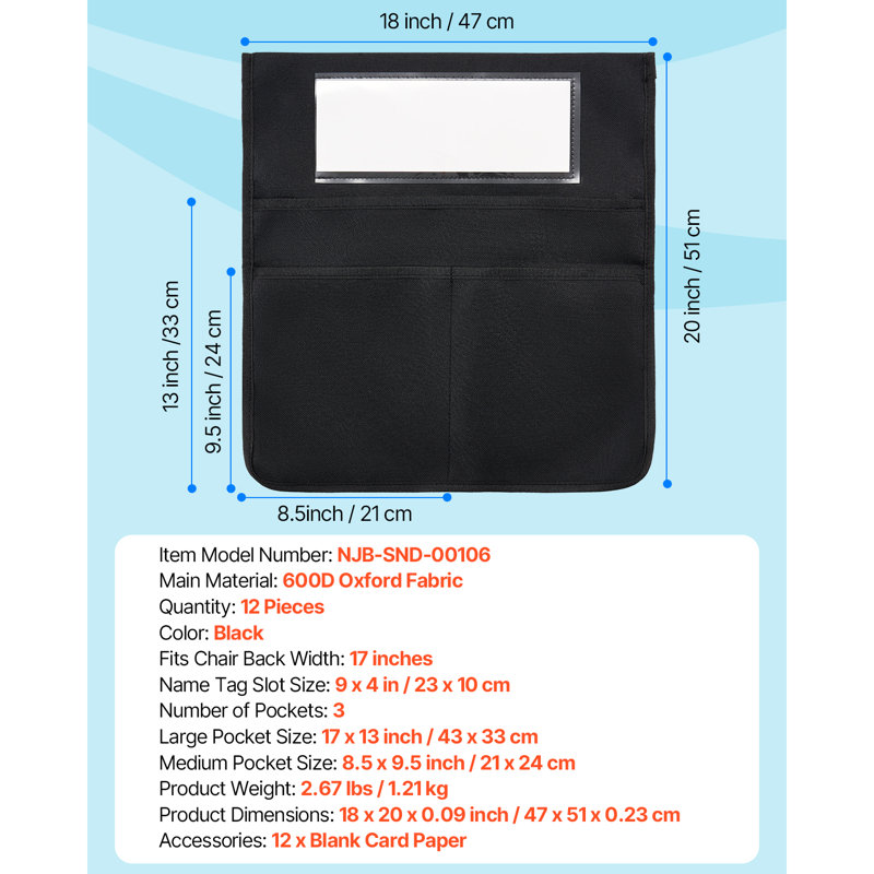 Pochettes de chaise pour salle de classe, paquet de 12 pochettes avec dossier