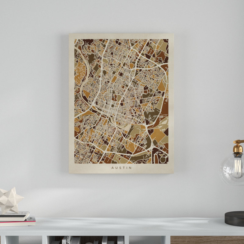 « austin texas city map brown », impression sur toile tendue, H 32 po x l 24 po x P 2 po