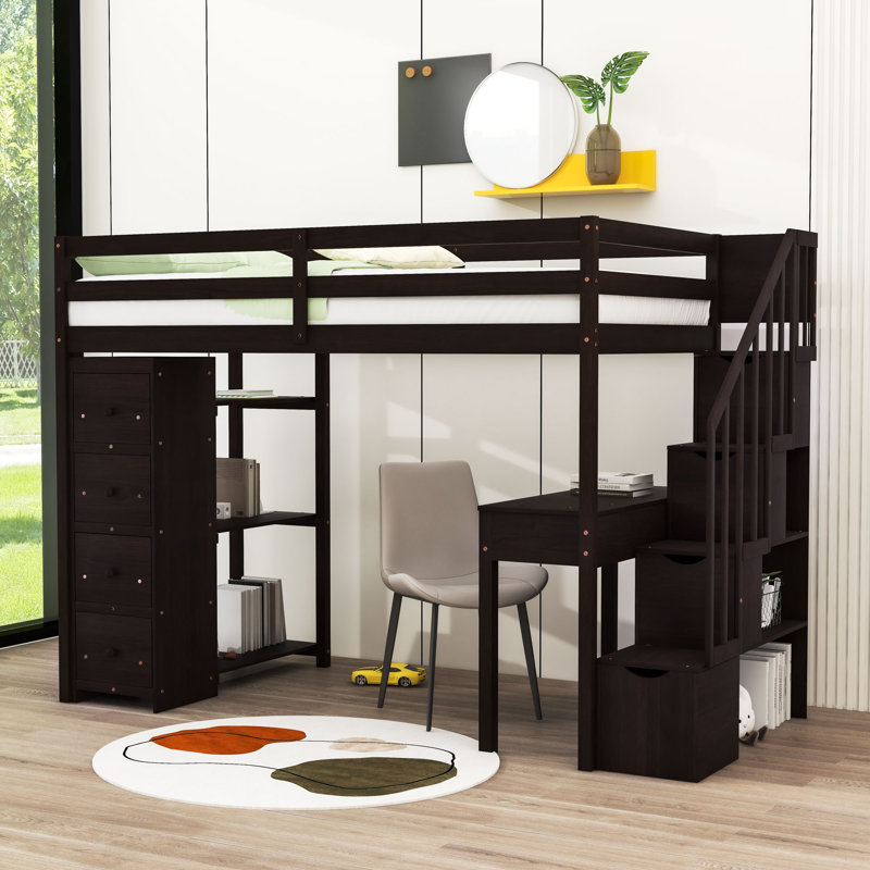 Heuss Kids Twin Loft Bed with Drawers, Espresso