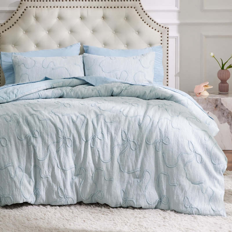3D Puffy Jacquard Embroidery Bedding Comforter Set, Queen Comforter + 2 Standard Pillowcases, Winter Sky