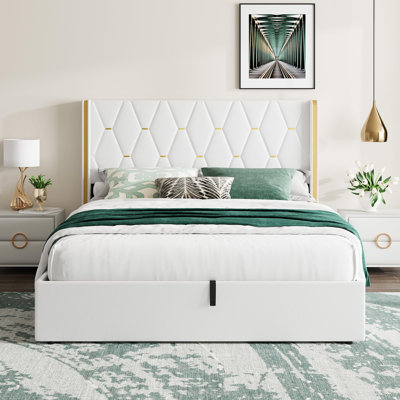Full Size Lift Up Storage Bed Frame with with Gold Wingback Headboard, Velvet Upholstered Bed Frame with Diamond Tufted Design & Gold Trim, Hydraulic Support, No Box Spring Needed, White