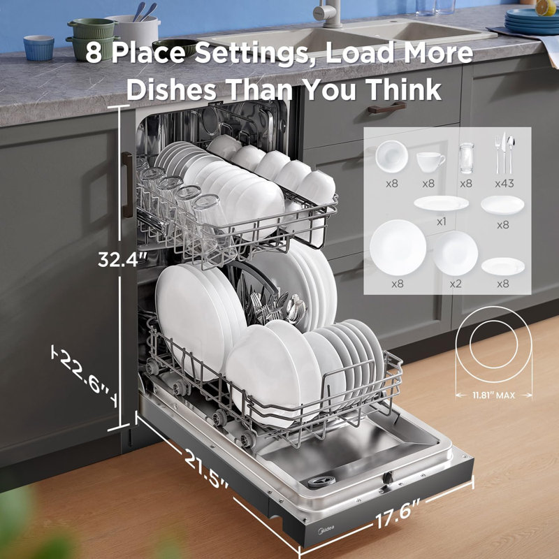 Midea MDF18A1ABB Built-in Dishwasher, 8 Settings, 6 Programs, Stainless Steel Tub, Heated Dry, Black