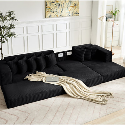 Très grand canapé modulaire en L 3 places en velours côtelé bleu, lit convertible au sol, sans assemblage, 8 coussins, espace de détente confortable