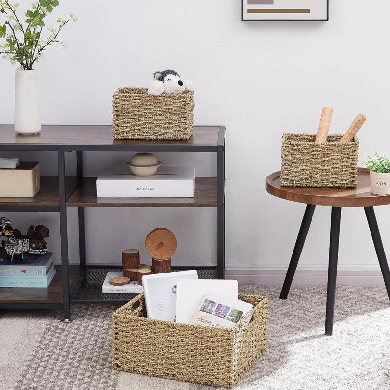 Panier en osier, panier de rangement en osier de mer avec poignées intégrées, paniers de rangement, grands paniers de rangement de 15 po pour tablettes avec rangement pour salle de bain (ensemble de 3 paniers en ruppie maritime)