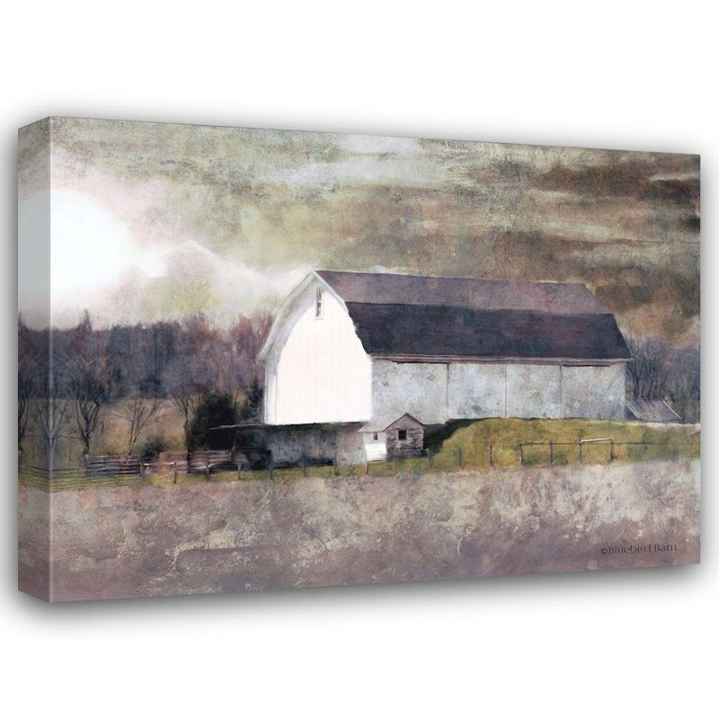 «August Grove® Bluebird Barn Gallery», art sur toile tendue: Rustic White Barn Scene I, H 36 po x l 47 po