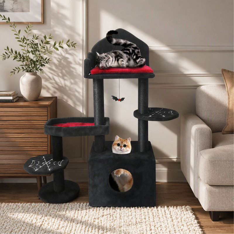 Arbre à chat, 113 cm, noir gothique, design effrayant à plusieurs niveaux avec griffoirs, perchoirs, hamac et grotte pour chat, jouet interactif, pour plusieurs chats