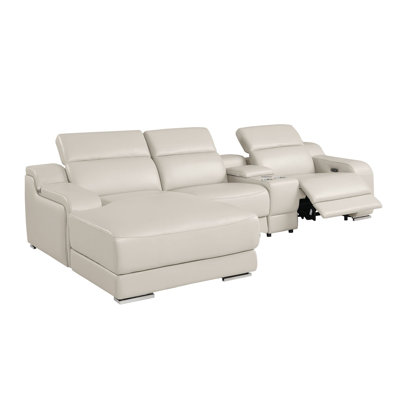 Skyline Cream Left-Facing 4-Piece L-Shaped Sectional In Top-Grain Italian Leather With 1 Power Recliners & Adjustable Headrests