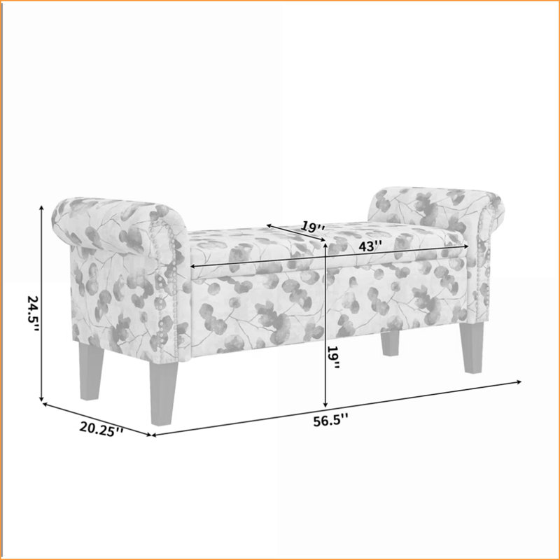 Repose-pieds avec rangement, tissu Bonsai floral traditionnel pour chambre à coucher / salon | Noyer brun | Bois franc d'ingénierie