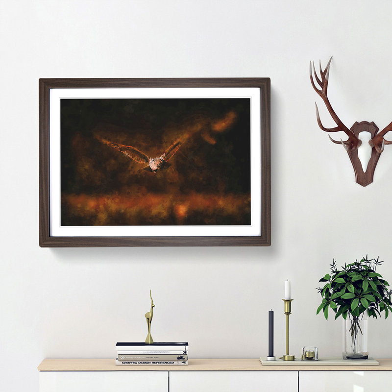 Flying Owl at Dusk - Picture Frame Graphic Art Print, Walnut Framed, 45cm H x 63cm W x 2cm D