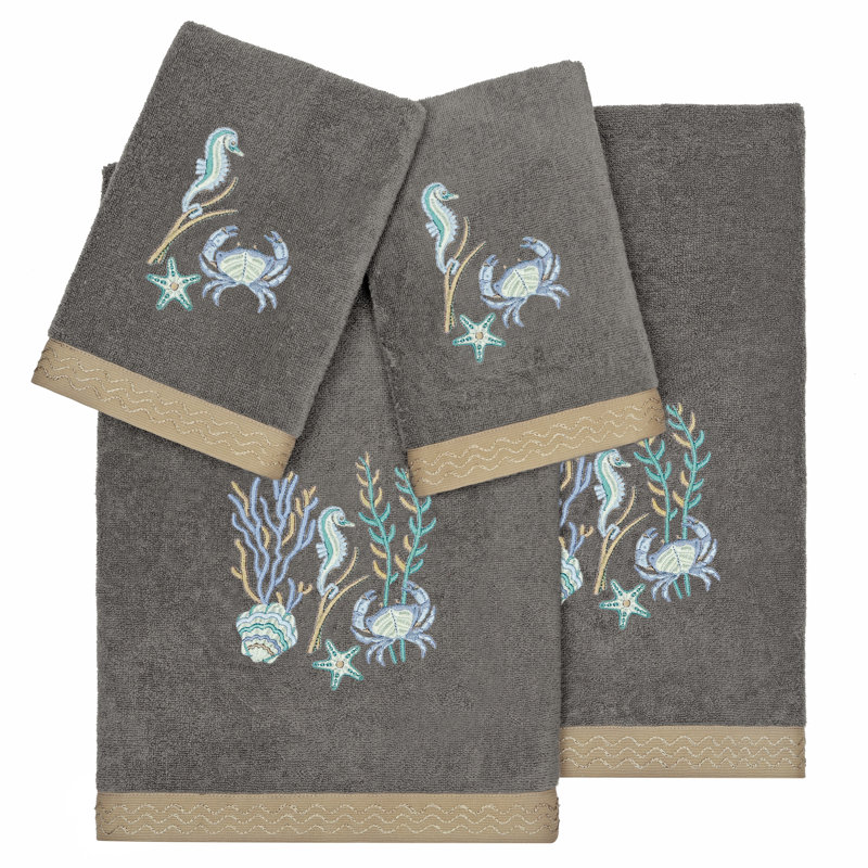 100% Turkish Cotton Aaron 4 Piece Embellished Towel Set, Charcoal