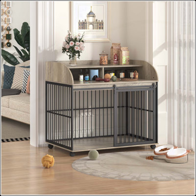 GO 44'' Heavy Duty Large Dog Crate Furniture with Lockable Wheels, Wooden End Table Crate, Double Layer Storage