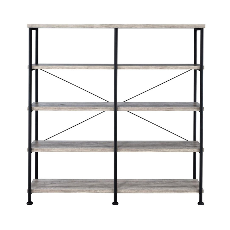 Bibliothèque ouverte avec 4 tablettes en bois flotté gris et métal noir pour support de barre de jeu à 4 tablettes