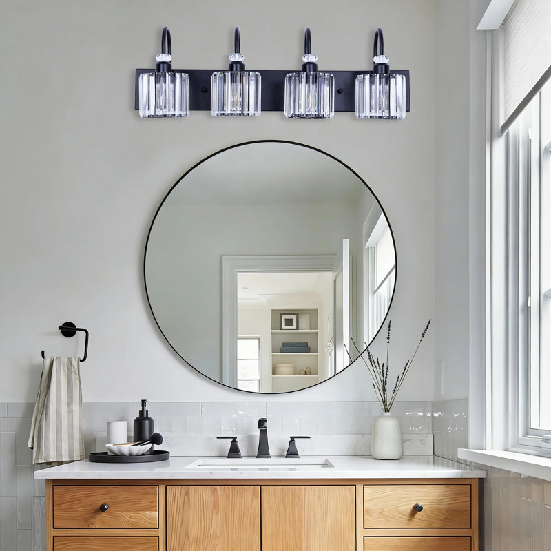 Black Crystal Linear Vanity Light, 4-light E26 Modern Bathroom Wall Light (31.5" Length)
