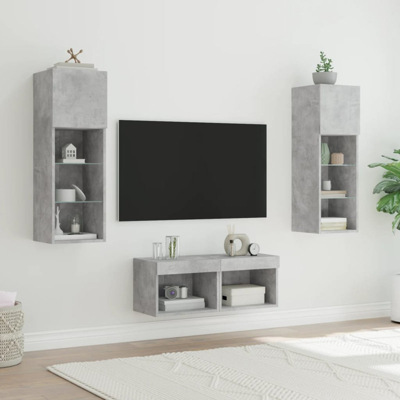  4 Piece TV Wall Cabinets With LED Lights, Concrete Grey