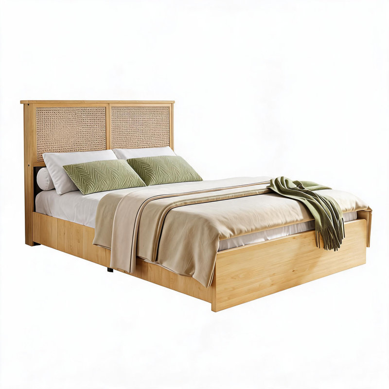 Base de lit plateforme bohémienne avec tête de lit en rotin naturel fabriqué à la main, appliques et lumières à DEL RVB télécommandées, support de lattes en bois massif, conception silencieuse, aucun sommier tapissier requis