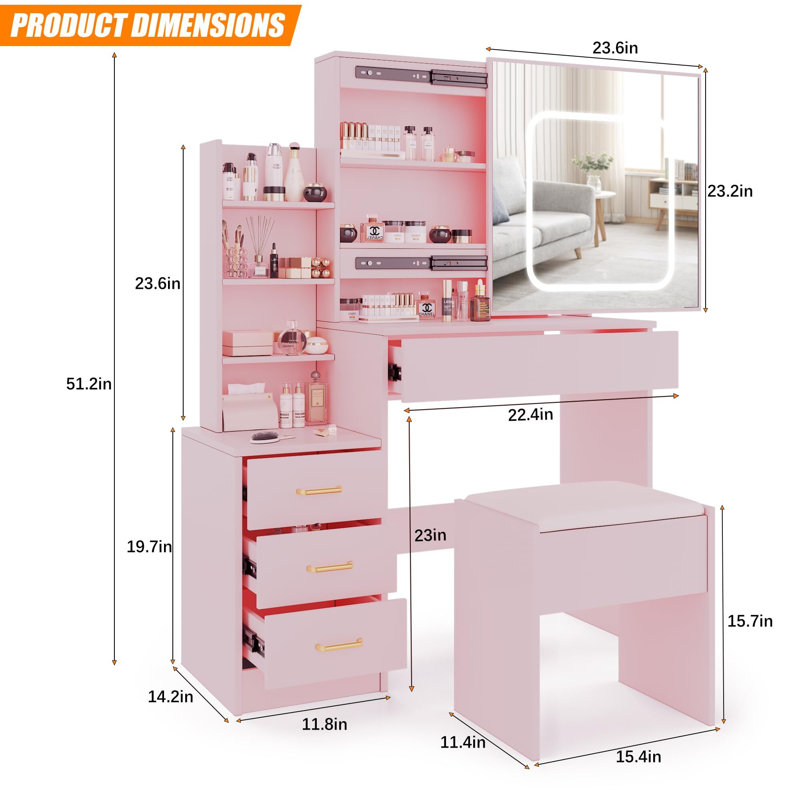 Commode de chambre 4 tiroirs, armoire de rangement avec prise de courant rose