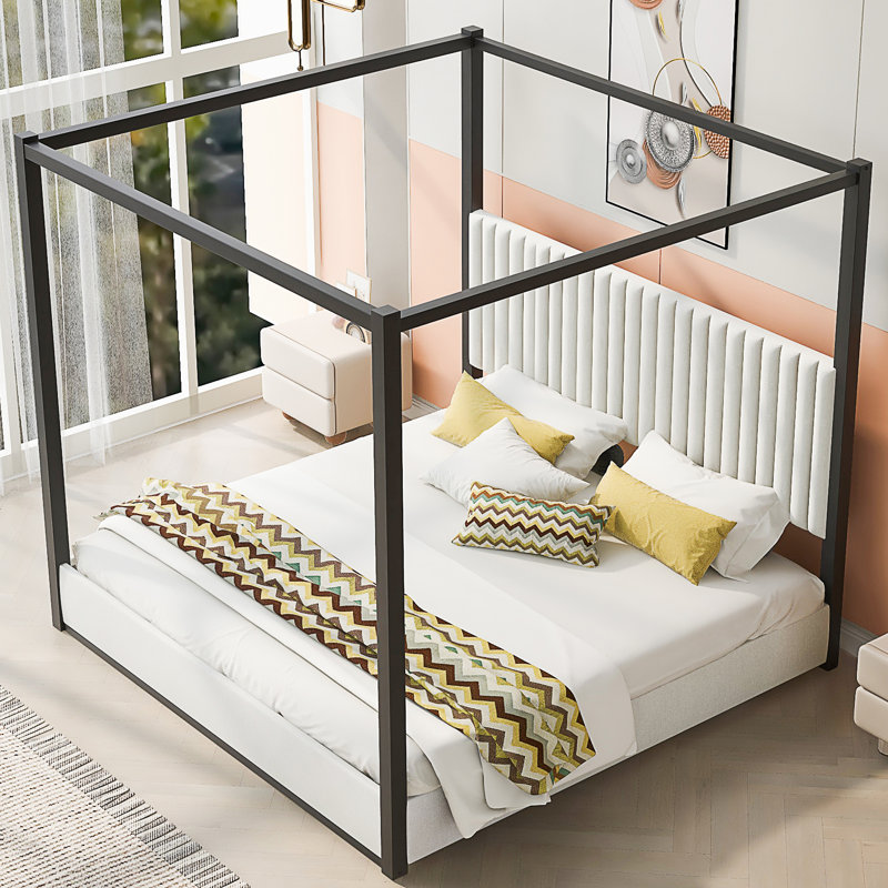 Lit plateforme à baldaquin avec tête de lit et structure en métal Upholstery, Noir