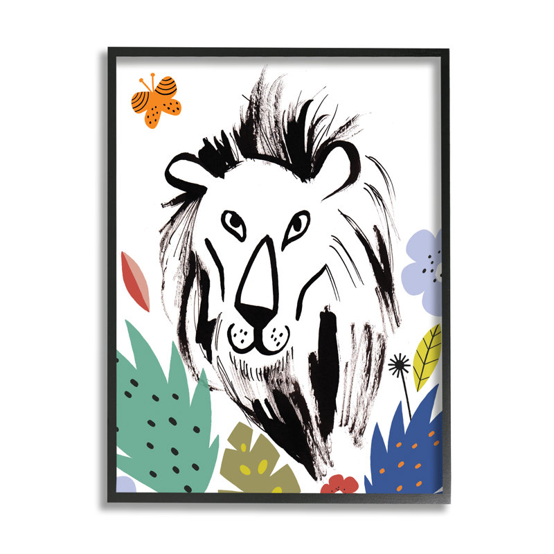 Lion, jungle, jungle, papillon, griffonnage, safari, chat, ferme grise surdimensionnée, art numérique sur toile par Abi Hall