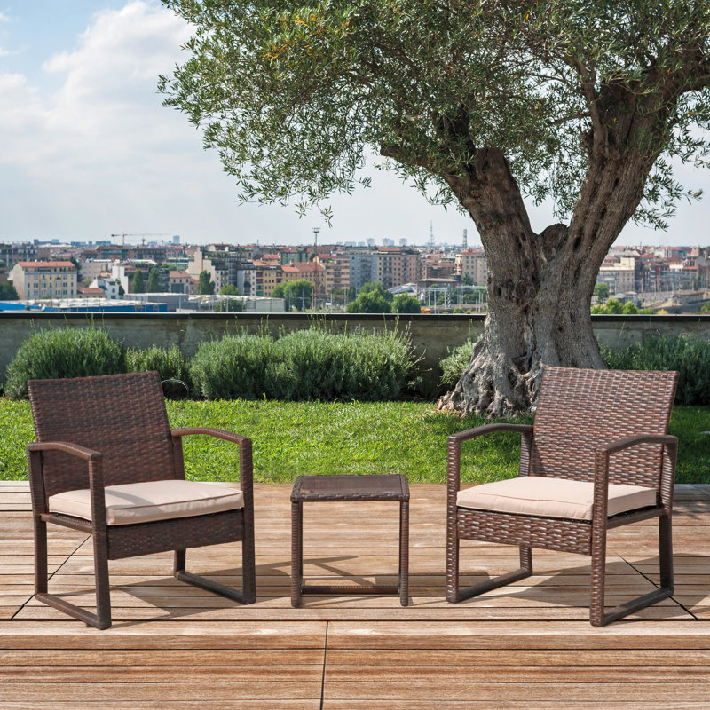Auburntown Premium All-Weather Wicker 2 - Person Patio Conversation Set with Cushions, Brown Frame/Beige Cushion